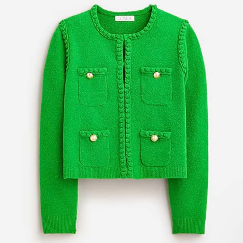 J.Crew Kelly Green  Odette Sweater Lady Jacket in Cotton Blend Boucle.  NWTs